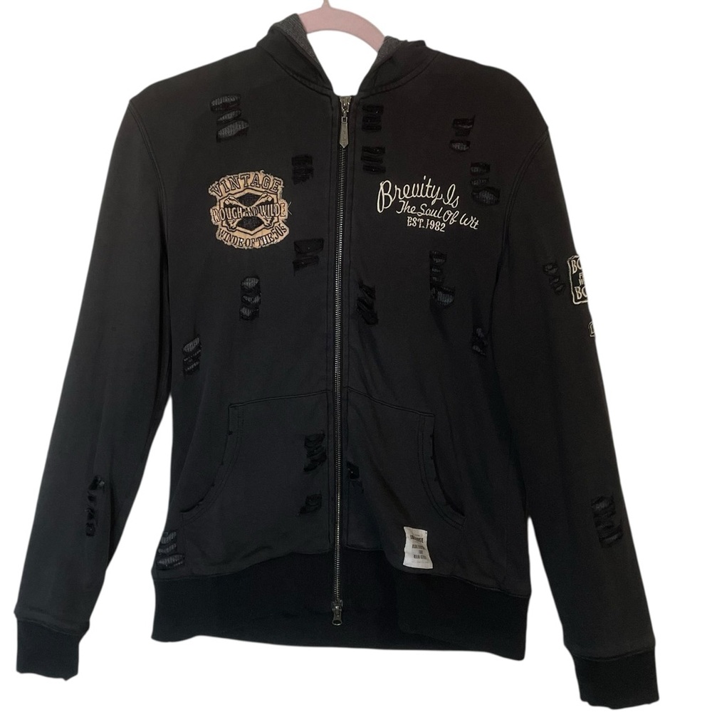JackRose Y2K Distressed Patched Black‎ Full Zip Hoodie Grunge Vintage Japanese